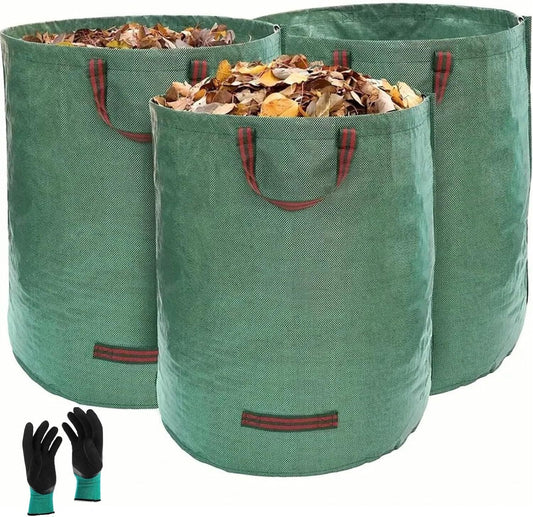 Garden Waste Bags 3pcs, with Gloves, 272L Green Reusable Bags for Garden Waste